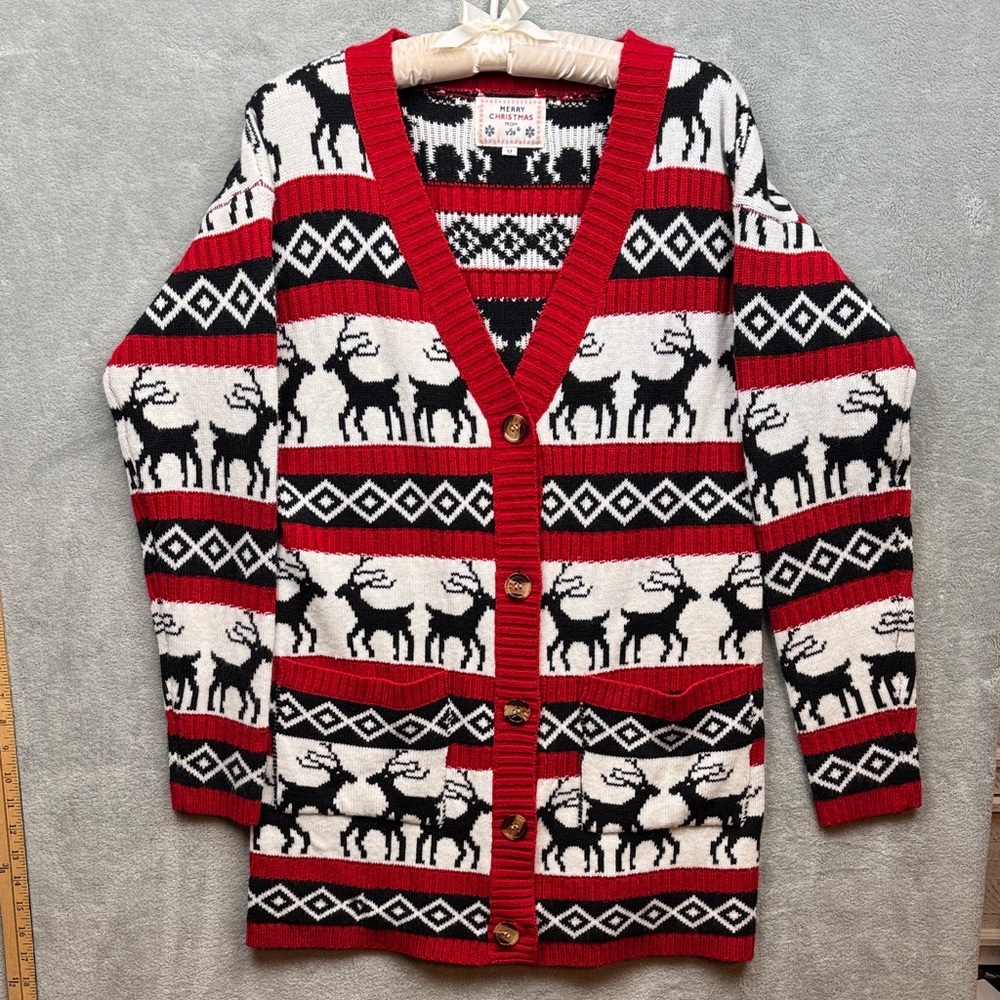 Christmas Reindeer Pattern Cardigan Sweater M